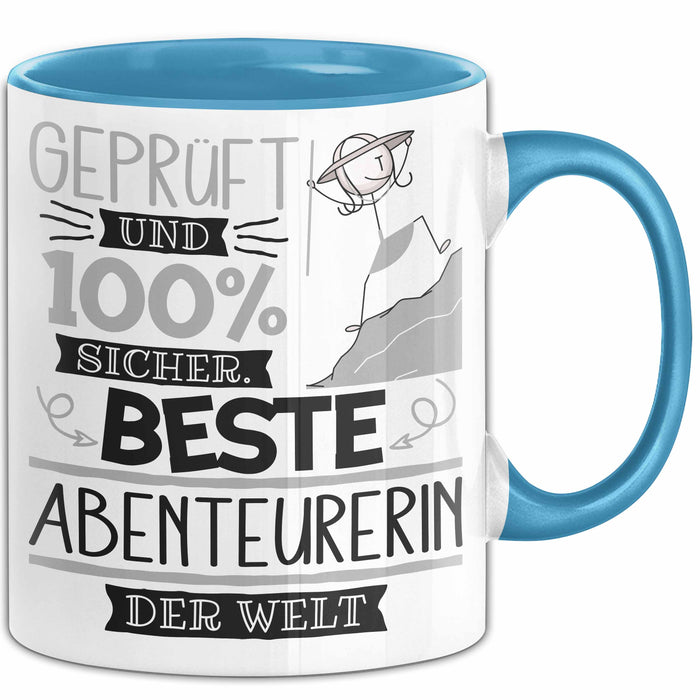 Beste Abenteurerin Der Welt Tasse Geschenk für Eine Abenteurerin Geprüft Und Sicher Geschenkidee Geburtstag Weihnachten Blau Trendation