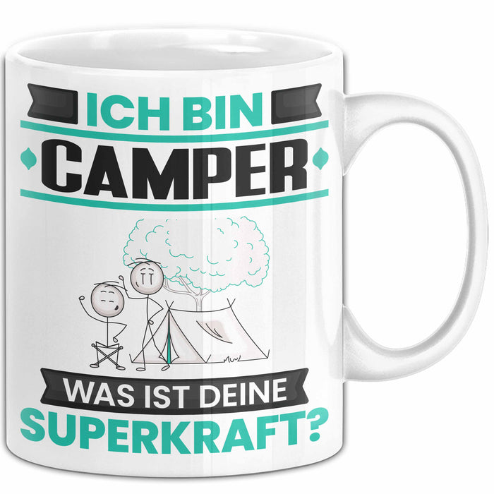 Camper Tasse Geschenk für Camper Geburtstag Lustiger Spruch Kaffee-Becher Was Ist Deine Superkraft Weiß Trendation