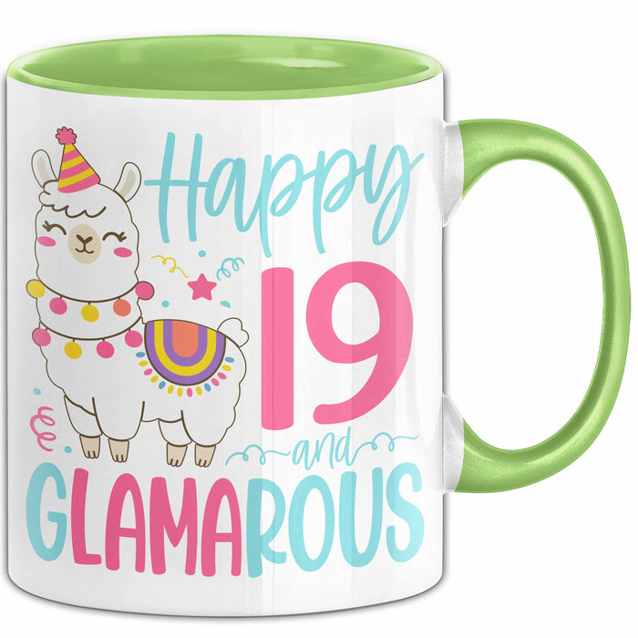 19er Geburtstag Tasse Geschenk Happy 19 And Glamarous Llama Alpaka Liebhaber Geschenkidee zum Geburtstag Grün Trendation
