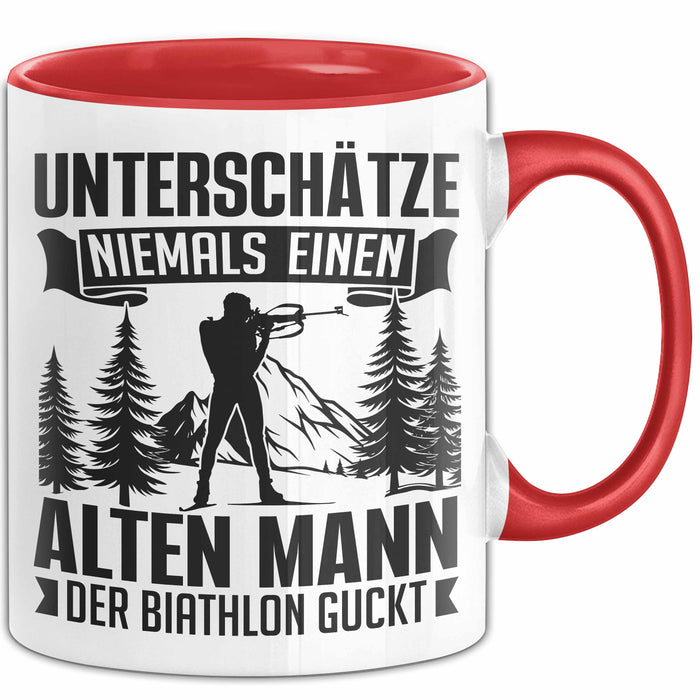 Biathlon Tasse Geschenk Wintersport Geschenke Unterschätze Niemals Einen Alten Mann Der Biathlon Guckt Rot Trendation