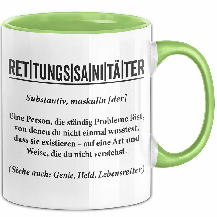 Rettungsdienst Notfallsanitäter Tasse Geschenk Lustige Geschenkidee Spruch Definition Rettungssanitäter Grün Trendation