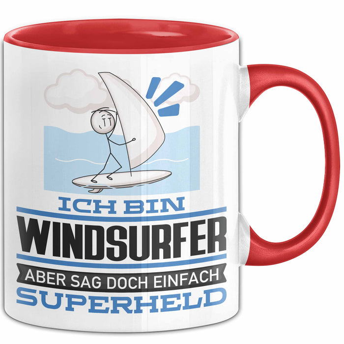 Windsurfer Geschenk Tasse Ich Bin Windsurfer Aber Sag Doch Einfach Superheld Lustige Geschenkdiee für Windsurfer Kaffee-Becher Rot Trendation