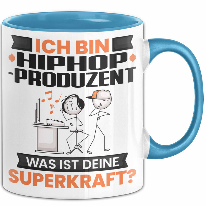 Hiphop-Produzent Tasse Geschenk für Hiphop-Produzent Geburtstag Lustiger Spruch Kaffee-Becher Was Ist Deine Superkraft Blau Trendation