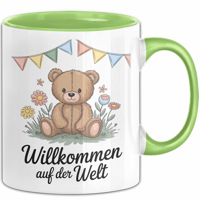 Baby Geburt Neue Eltern Tasse Geschenk Lustige Geschenkidee Spruch Willkommen Auf Der Welt Grün Trendation