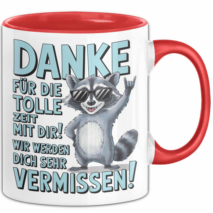 Büro Arbeit Kollege Tasse Becher Geschenk Lustige Geschenkidee Spruch Danke Für Die Tolle Zeit Mit Dir Wir Werden Dich Sehr Vermissen Rot Trendation