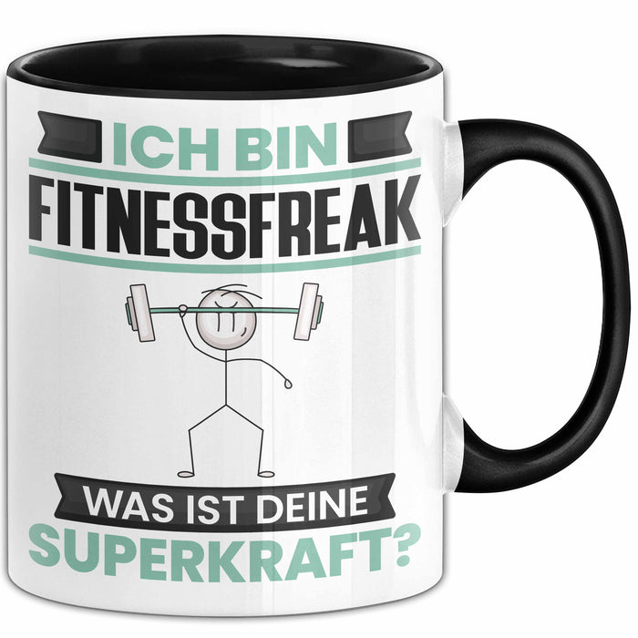 Fitnessfreak Tasse Geschenk für Fitnessfreak Geburtstag Lustiger Spruch Kaffee-Becher Was Ist Deine Superkraft Schwarz Trendation