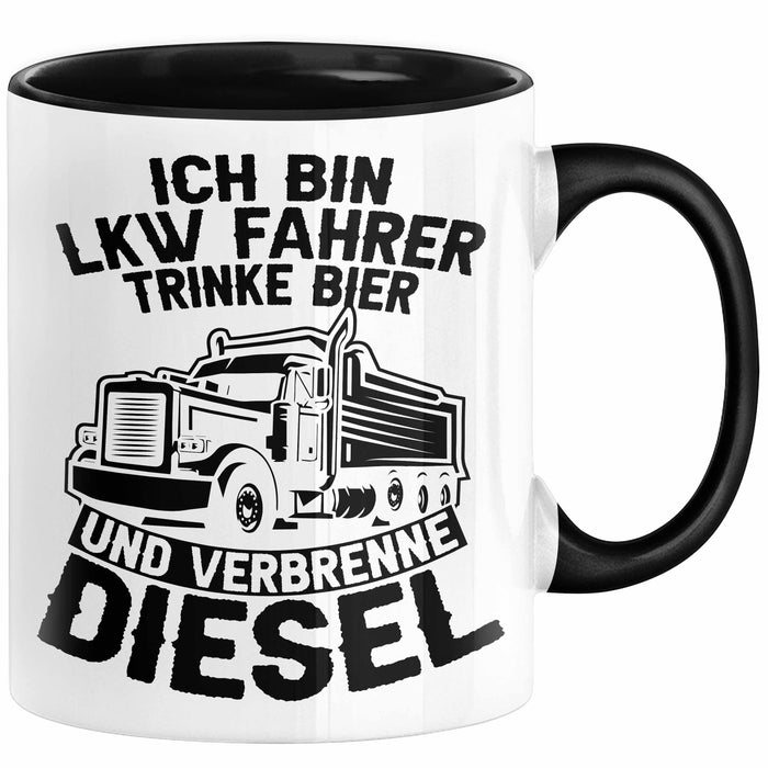 LKW Fahrer Tasse Geschenk Ich Bin LKW Fahrer Trinke Bier und Verbrenne Diesel Humor Geschenkidee Kaffee-Becher Schwarz Trendation