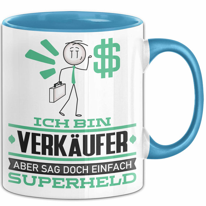 Verkäufer Geschenk Tasse Ich Bin Verkäufer Aber Sag Doch Einfach Superheld Lustige Geschenkdiee für Verkäufer Kaffee-Becher Blau Trendation