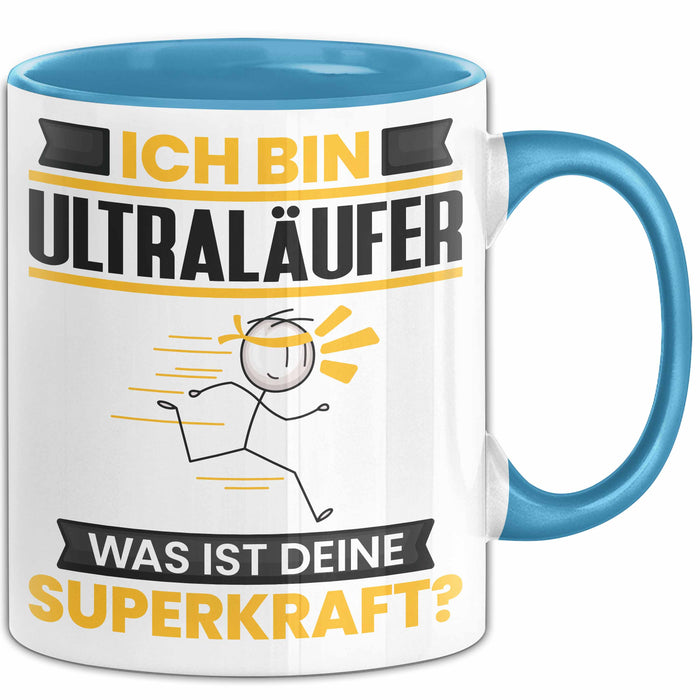 Ultraläufer Tasse Geschenk für Ultraläufer Geburtstag Lustiger Spruch Kaffee-Becher Was Ist Deine Superkraft Blau Trendation