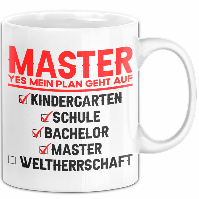 Master Absolvent Abschluss Tasse Geschenk Lustige Geschenkidee Spruch Master Yes Mein Plan Geht Auf Weiß Trendation