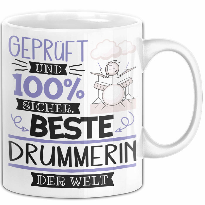 Beste Drummerin Der Welt Tasse Geschenk für Eine Drummerin Geprüft Und Sicher Geschenkidee Geburtstag Weihnachten Weiß Trendation