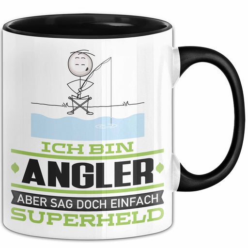 Angler Geschenk Tasse Ich Bin Angler Aber Sag Doch Einfach Superheld Lustige Geschenkdiee für Angler Kaffee-Becher Schwarz Trendation
