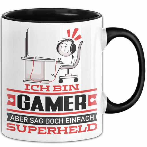 Gamer Geschenk Tasse Ich Bin Gamer Aber Sag Doch Einfach Superheld Lustige Geschenkdiee für Gamer Kaffee-Becher Schwarz Trendation