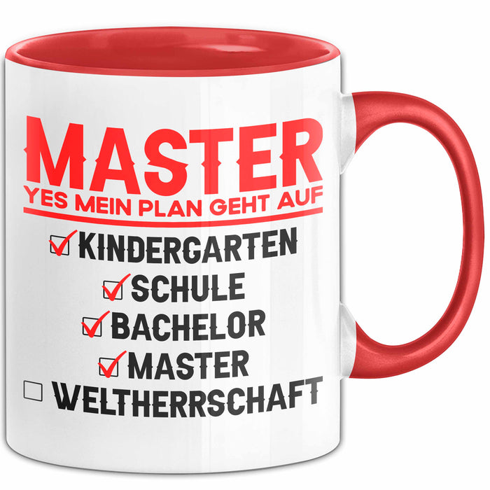 Master Absolvent Abschluss Tasse Geschenk Lustige Geschenkidee Spruch Master Yes Mein Plan Geht Auf Rot Trendation