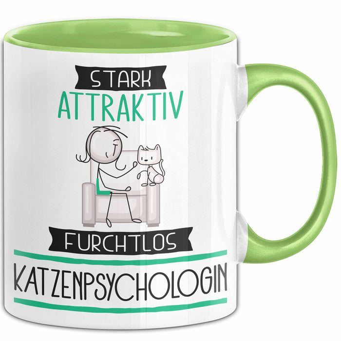 Katzenpsychologin Tasse Geschenk Becher Stark Attraktiv Furchtlos Katzenpsychologin Lustige Geschenkidee Grün Trendation