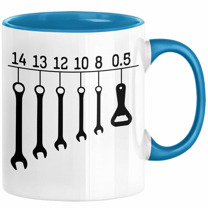KFZ-Mechaniker Geschenk Tasse Schraubenschlüssel Flaschenöffner Männer Geschenkidee Handwerker Blau Trendation
