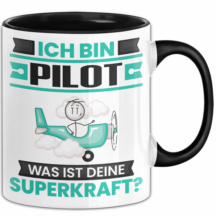 Pilot Tasse Geschenk für Pilot Geburtstag Lustiger Spruch Kaffee-Becher Was Ist Deine Superkraft Schwarz Trendation