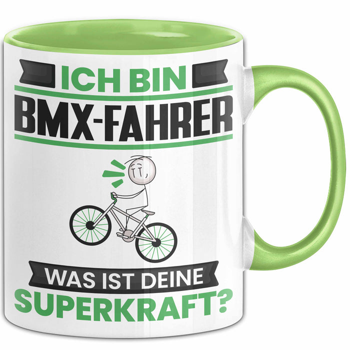 BMX-Fahrer Tasse Geschenk für BMX-Fahrer Geburtstag Lustiger Spruch Kaffee-Becher Was Ist Deine Superkraft Grün Trendation