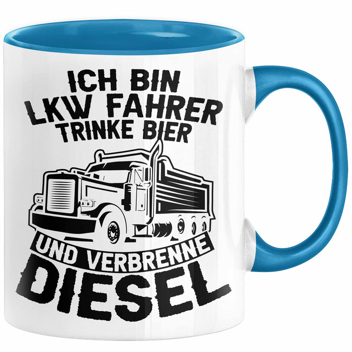 LKW Fahrer Tasse Geschenk Ich Bin LKW Fahrer Trinke Bier und Verbrenne Diesel Humor Geschenkidee Kaffee-Becher Blau Trendation