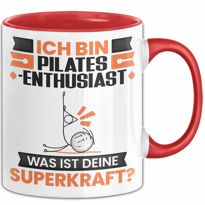 Pilates-Enthusiast Tasse Geschenk für Pilates-Enthusiast Geburtstag Lustiger Spruch Kaffee-Becher Was Ist Deine Superkraft Rot Trendation