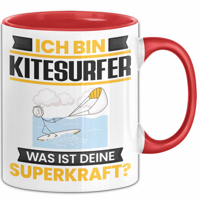 Kitesurfer Tasse Geschenk für Kitesurfer Geburtstag Lustiger Spruch Kaffee-Becher Was Ist Deine Superkraft Rot Trendation