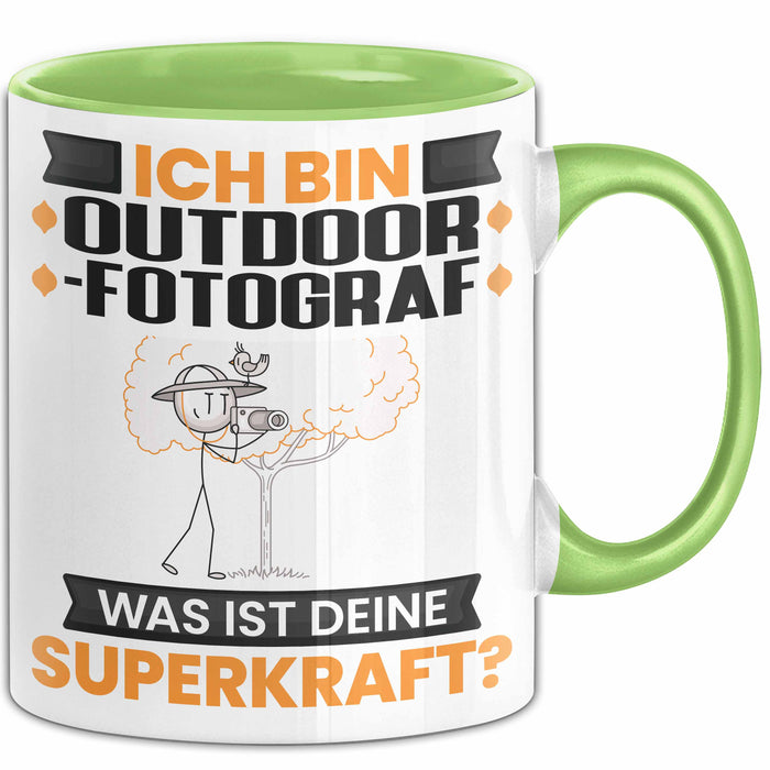 Outdoor-Fotograf Tasse Geschenk für Outdoor-Fotograf Geburtstag Lustiger Spruch Kaffee-Becher Was Ist Deine Superkraft Grün Trendation