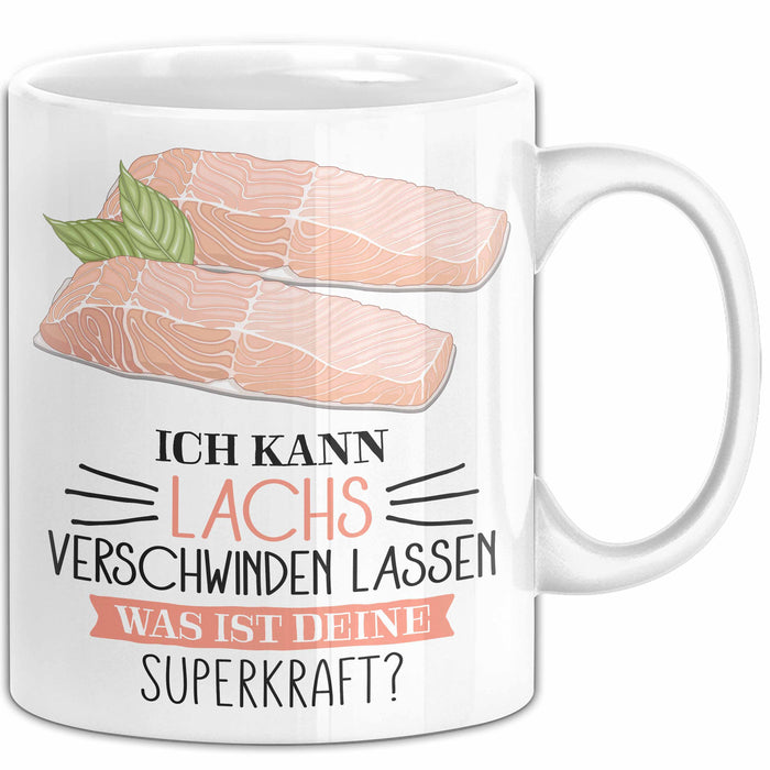 Lachs-Liebhaber Tasse Geschenk Ich Kann Lachs Verschwinden Lassen Was Ist Deine Superkraft Becher Geschenkidee Lachs Kaffee-Becher Weiß Trendation