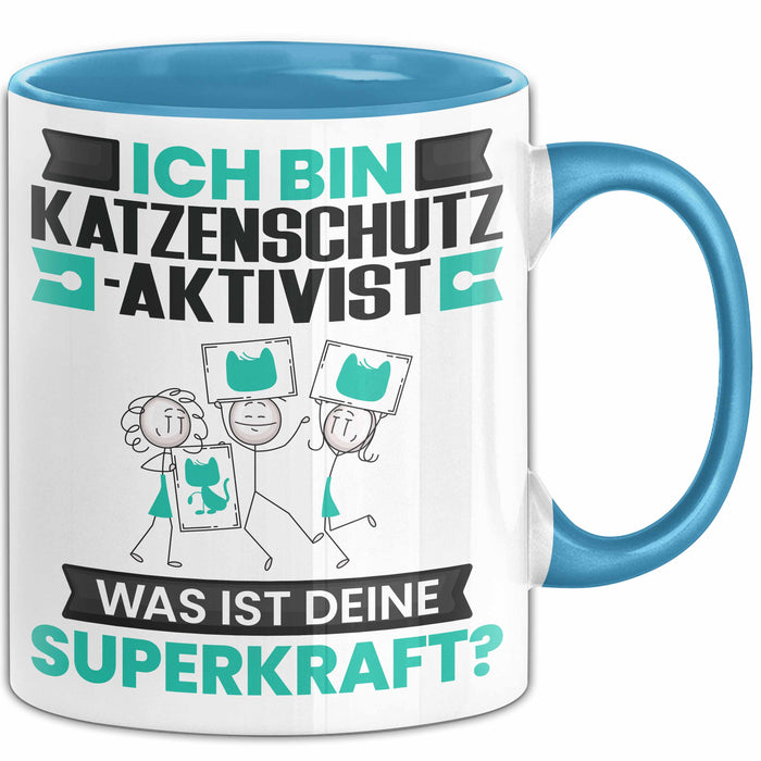 Katzenschutzaktivist Tasse Geschenk für Katzenschutzaktivist Geburtstag Lustiger Spruch Kaffee-Becher Was Ist Deine Superkraft Blau Trendation