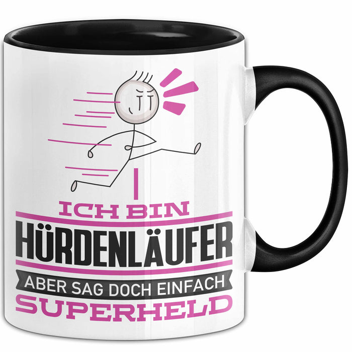 Hürdenläufer Geschenk Tasse Ich Bin Hürdenläufer Aber Sag Doch Einfach Superheld Lustige Geschenkdiee für Hürdenläufer Kaffee-Becher Schwarz Trendation