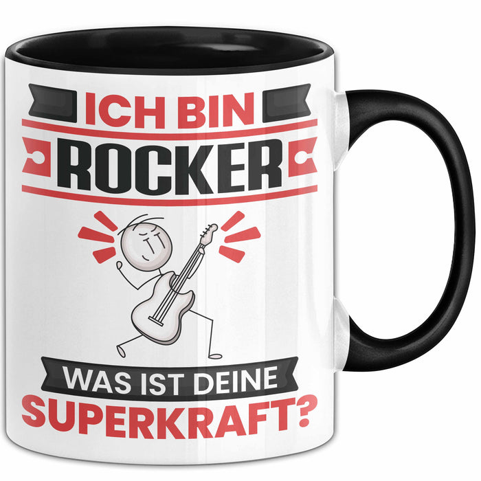 Rocker Tasse Geschenk für Rocker Geburtstag Lustiger Spruch Kaffee-Becher Was Ist Deine Superkraft Schwarz Trendation