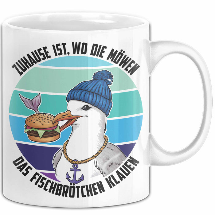 Nordsee Tasse Geschenk Zuhause Ist Wo Die Möwen Das Fischbrötchen Klauen Geschenkidee Sylt Norderney Weiß Trendation