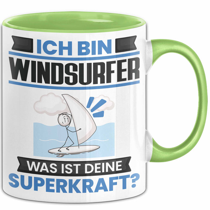 Windsurfer Tasse Geschenk für Windsurfer Geburtstag Lustiger Spruch Kaffee-Becher Was Ist Deine Superkraft Grün Trendation