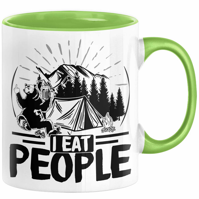 Camping Tasse Geschenk I Eat People Bär Kaffee-Becher Geschenkidee Camper Outdoor Grün Trendation