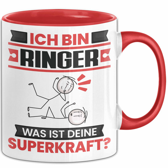 Ringer Tasse Geschenk für Ringer Geburtstag Lustiger Spruch Kaffee-Becher Was Ist Deine Superkraft Rot Trendation
