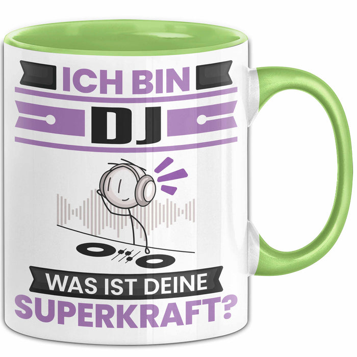 DJ Tasse Geschenk für DJ Geburtstag Lustiger Spruch Kaffee-Becher Was Ist Deine Superkraft Grün Trendation