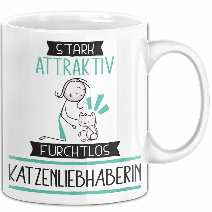 Katzenliebhaberin Tasse Geschenk Becher Stark Attraktiv Furchtlos Katzenliebhaberin Lustige Geschenkidee Weiß Trendation