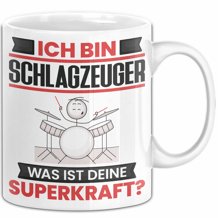 Schlagzeuger Tasse Geschenk für Schlagzeuger Geburtstag Lustiger Spruch Kaffee-Becher Was Ist Deine Superkraft Weiß Trendation