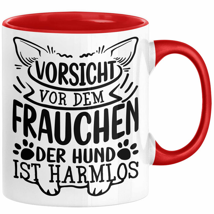 Frauchen Tasse Geschenk Hundebesitzerin Spruch Geschenkidee Kaffee-Becher Hunde Besitzerin Vorsicht Vor Dem Frauchen Der Hund Ist Harmlos Rot Trendation