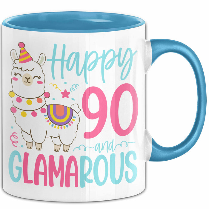 90er Geburtstag Tasse Geschenk Happy 90 And Glamarous Llama Alpaka Liebhaber Geschenkidee zum Geburtstag Blau Trendation