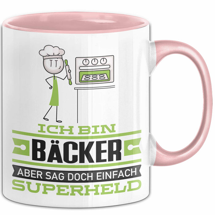 Bäcker Geschenk Tasse Ich Bin Bäcker Aber Sag Doch Einfach Superheld Lustige Geschenkdiee für Bäcker Kaffee-Becher Rosa Trendation
