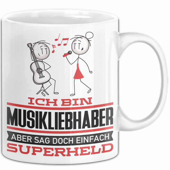 Musikliebhaber Geschenk Tasse Ich Bin Musikliebhaber Aber Sag Doch Einfach Superheld Lustige Geschenkdiee für Musikliebhaber Kaffee-Becher Weiß Trendation