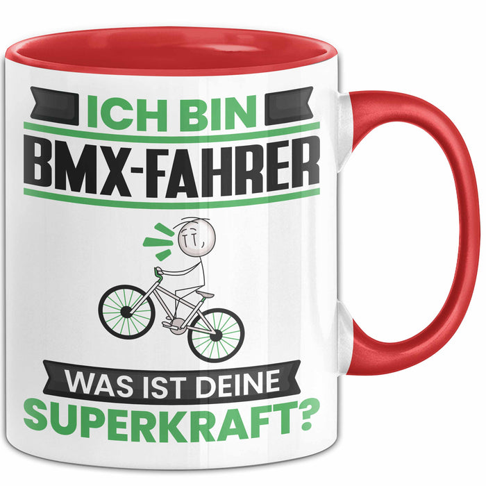 BMX-Fahrer Tasse Geschenk für BMX-Fahrer Geburtstag Lustiger Spruch Kaffee-Becher Was Ist Deine Superkraft Rot Trendation