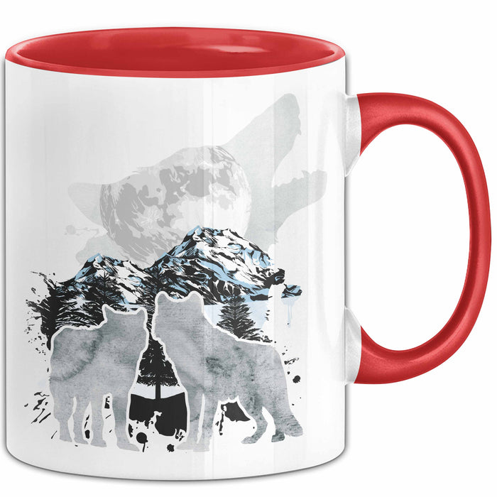 Wolf Tasse Geschenk Heulender Wolf Vögel Mond Silhouetten Geschenkidee Rot Trendation