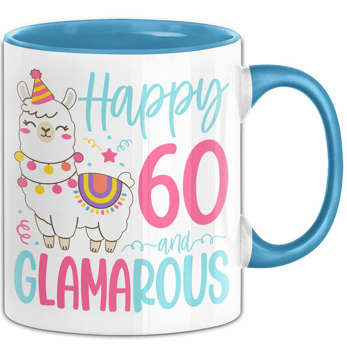 60er Geburtstag Tasse Geschenk Happy 60 And Glamarous Llama Alpaka Liebhaber Geschenkidee zum Geburtstag Blau Trendation