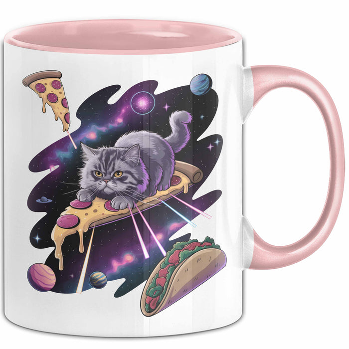 Pizzaesser Tasse Geschenk Katze isst Pizza im Weltall Lustig Rosa Trendation