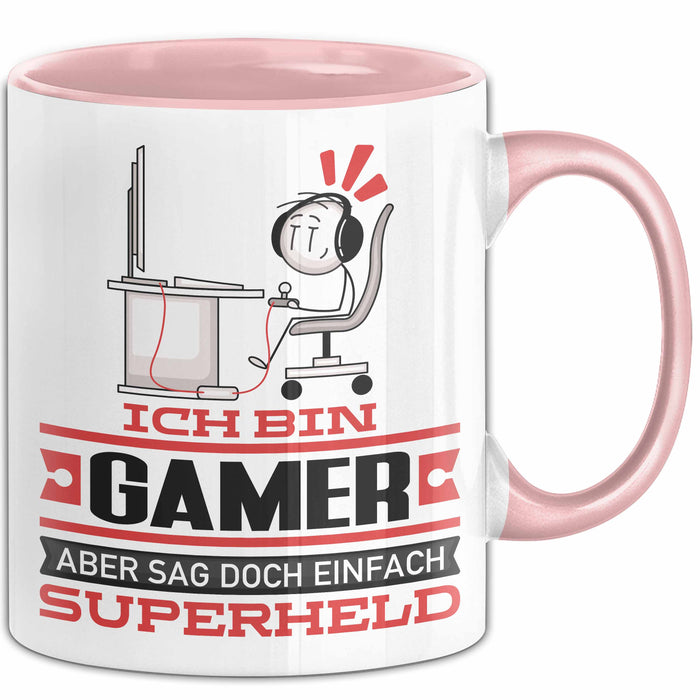 Gamer Geschenk Tasse Ich Bin Gamer Aber Sag Doch Einfach Superheld Lustige Geschenkdiee für Gamer Kaffee-Becher Rosa Trendation
