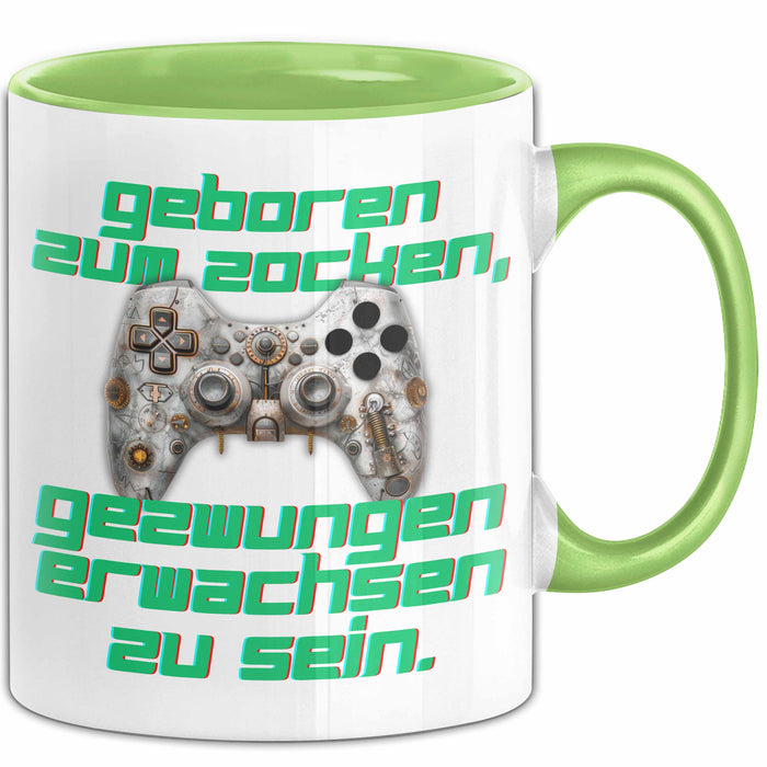 Humor Tasse Gamer – Geboren zum Zocken, gezwungen erwachsen zu sein – Lustiger Kaffee-Becher Geschenk für Gamer & Zocker Grün Trendation
