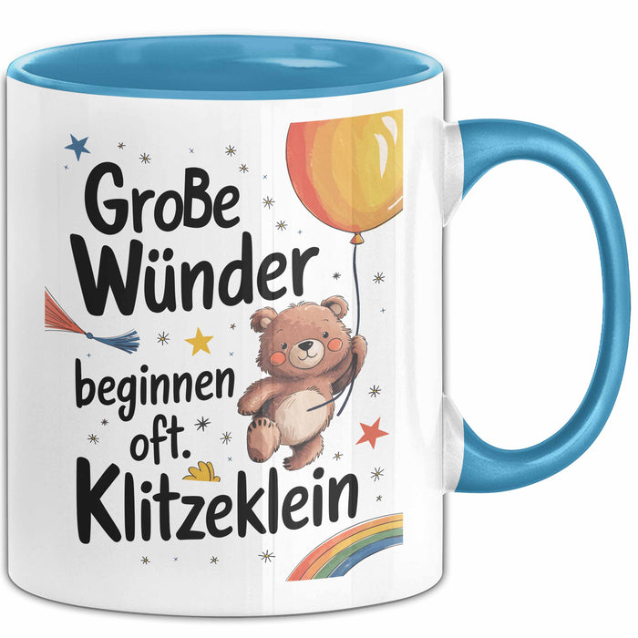 Baby Geburt Neue Eltern Tasse Geschenk Lustige Geschenkidee Spruch Große Wunder Beginnen Oft Klitzeklein Blau Trendation
