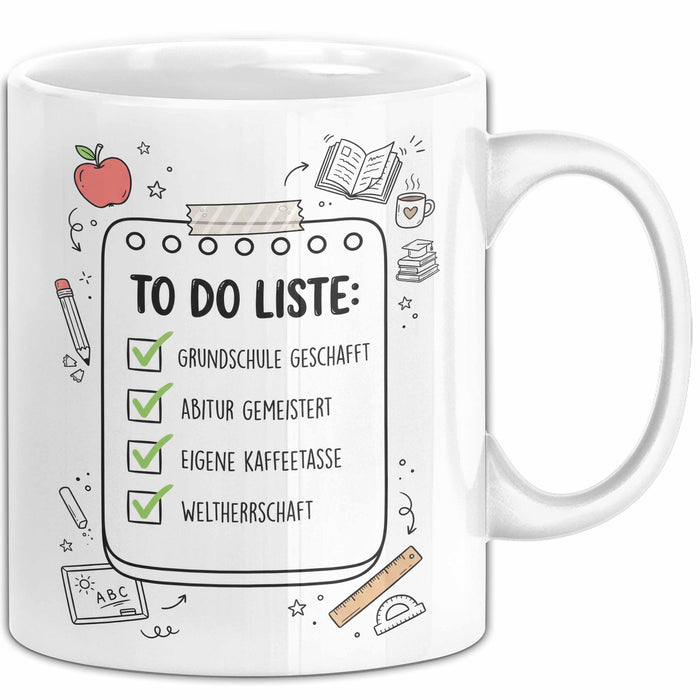 Schüler Abschluss Tasse Geschenk Lustige Geschenkidee Spruch Grundschule Geschafft Abitur Gemeistert Weiß Trendation