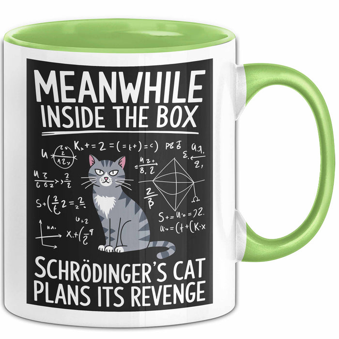 Mathe Mathematik Physik Lehrer Tasse Geschenk Lustige Geschenkidee Spruch In Der Box Schmiedet Schrödingers Katze Ihren Racheplan Grün Trendation